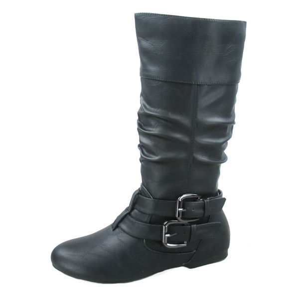 Sonny-54 Women's Caual Side Zip Buckles Slouch Flat Heel Mid Calf Round Toe Boots ( Black, 8)