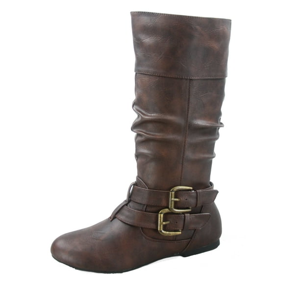 Sonny-54 Women's Caual Side Zip Buckles Slouch Flat Heel Mid Calf Round Toe Boots ( Brown, 8)