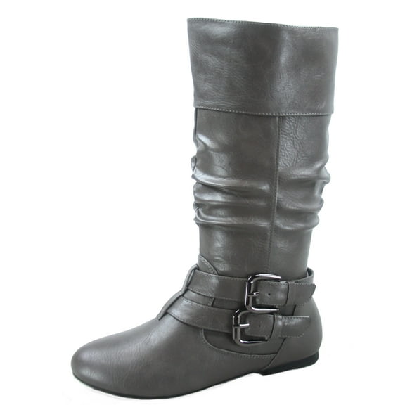 Sonny-54 Women's Caual Side Zip Buckles Slouch Flat Heel Mid Calf Round Toe Boots ( Gray, 7.5)