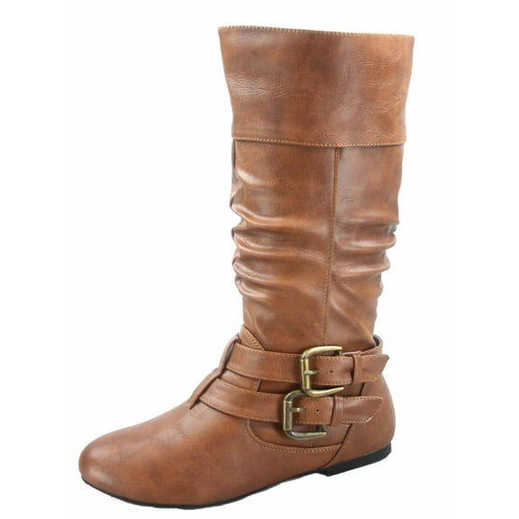 Sonny-54 Women's Caual Side Zip Buckles Slouch Flat Heel Mid Calf Round Toe Boots ( Tan, 5.5)