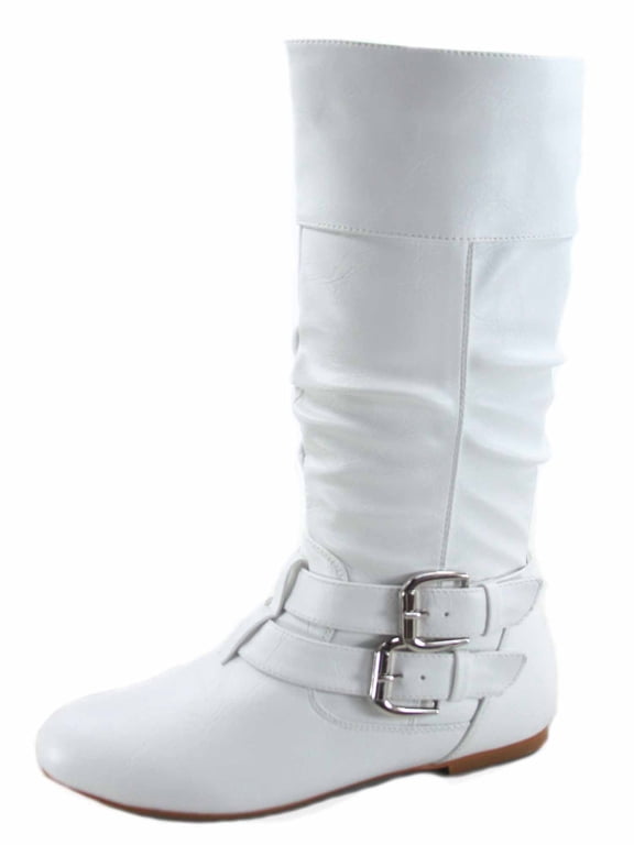 Sonny-54 Women's Caual Side Zip Buckles Slouch Flat Heel Mid Calf Round Toe Boots ( White, 6.5)