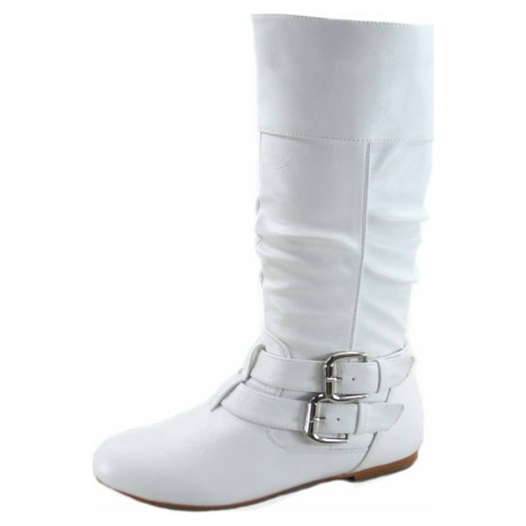 Sonny-54 Women's Caual Side Zip Buckles Slouch Flat Heel Mid Calf Round Toe Boots ( White, 7.5)