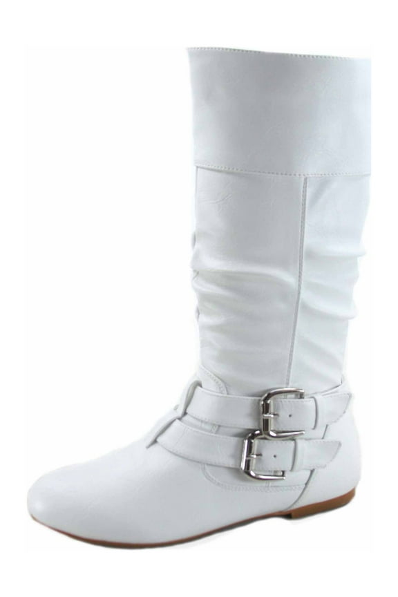 Sonny-54 Women's Caual Side Zip Buckles Slouch Flat Heel Mid Calf Round Toe Boots ( White, 7.5)
