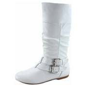 Sonny-54 Women's Caual Side Zip Buckles Slouch Flat Heel Mid Calf Round Toe Boots ( White, 7.5)