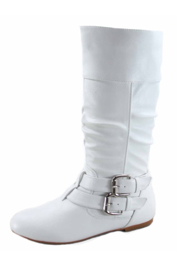 Sonny-54 Women's Caual Side Zip Buckles Slouch Flat Heel Mid Calf Round Toe Boots ( White, 8)