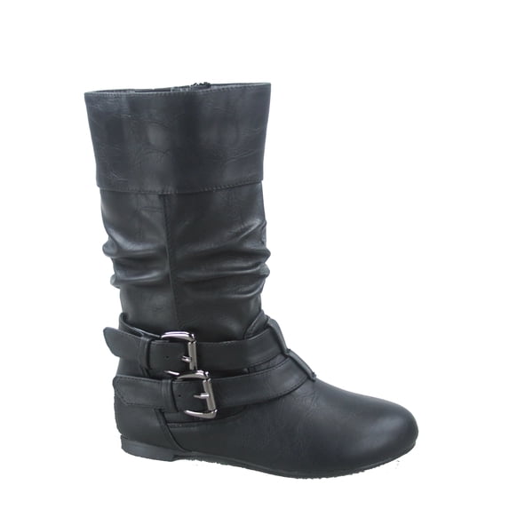 Sonny 54k Youth's Girls' Kid's Causal Round Toe Buckles Flat Heel Zip Mid Calf Riding School Boots Shoes ( Black, 3)