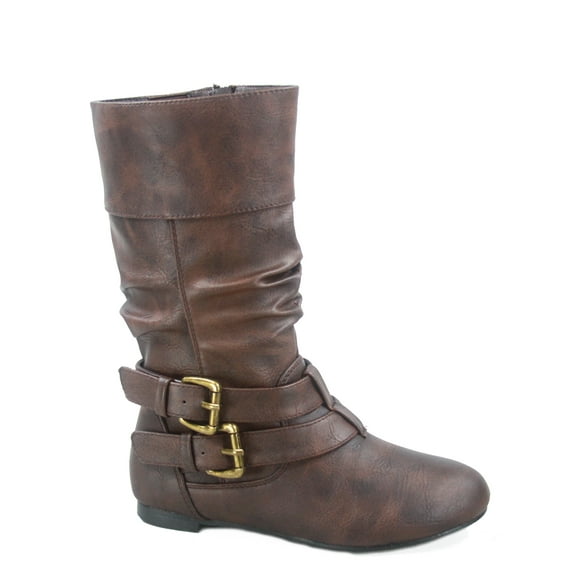 Sonny 54k Youth's Girls' Kid's Causal Round Toe Buckles Flat Heel Zip Mid Calf Riding School Boots Shoes ( Brown, 10)