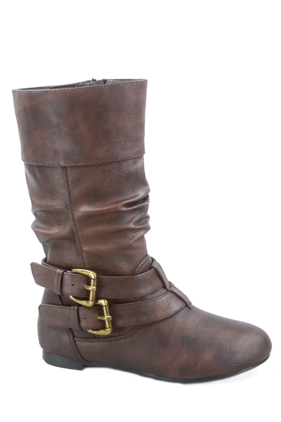 Sonny 54k Youth's Girls' Kid's Causal Round Toe Buckles Flat Heel Zip Mid Calf Riding School Boots Shoes ( Brown, 11)