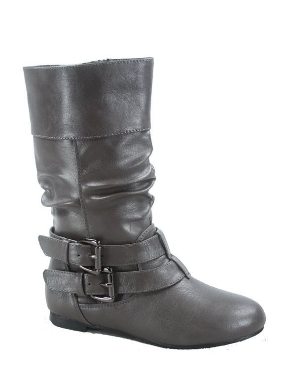 Sonny 54k Youth's Girls' Kid's Causal Round Toe Buckles Flat Heel Zip Mid Calf Riding School Boots Shoes ( Gray, 4)