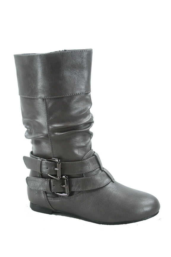 Sonny 54k Youth's Girls' Kid's Causal Round Toe Buckles Flat Heel Zip Mid Calf Riding School Boots Shoes ( Gray, 9 )