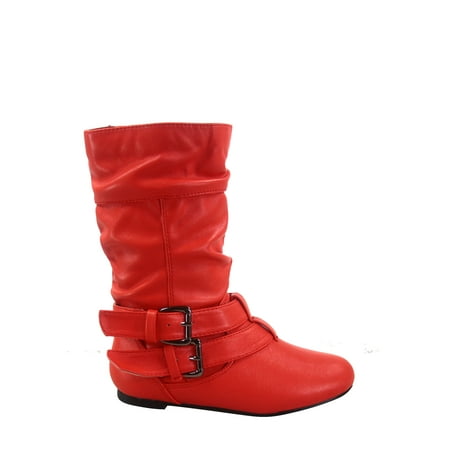 Sonny 54k Youth's Girls' Kid's Causal Round Toe Buckles Flat Heel Zip Mid Calf Riding School Boots Shoes (Red, 2)
