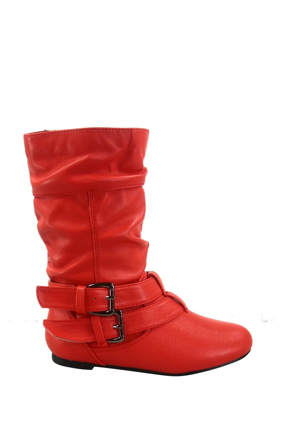 Sonny 54k Youth's Girls' Kid's Causal Round Toe Buckles Flat Heel Zip Mid Calf Riding School Boots Shoes (Red, 2)