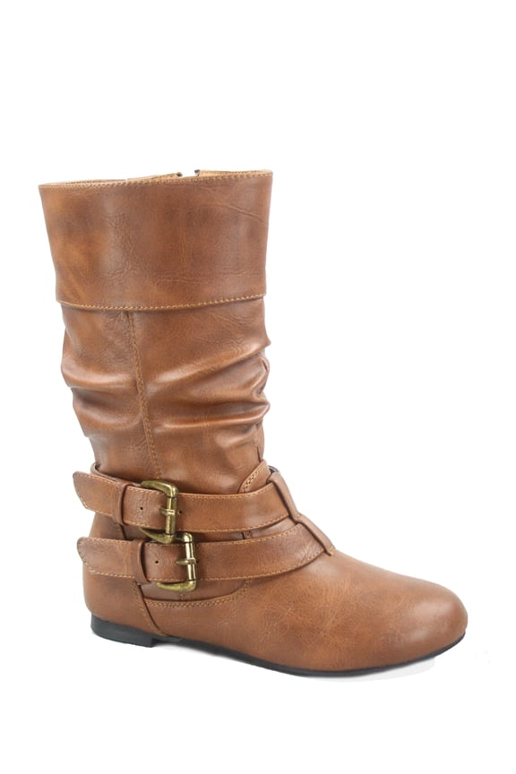 Sonny 54k Youth's Girls' Kid's Causal Round Toe Buckles Flat Heel Zip Mid Calf Riding School Boots Shoes ( Tan, 12)