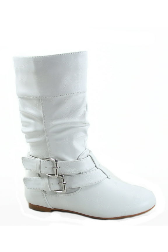 Sonny 54k Youth's Girls' Kid's Causal Round Toe Buckles Flat Heel Zip Mid Calf Riding School Boots Shoes ( White, 3)