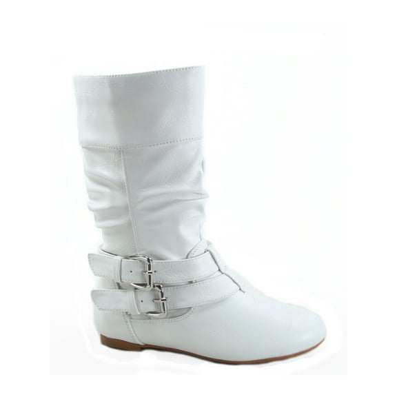 Sonny 54k Youth's Girls' Kid's Causal Round Toe Buckles Flat Heel Zip Mid Calf Riding School Boots Shoes ( White, 4)