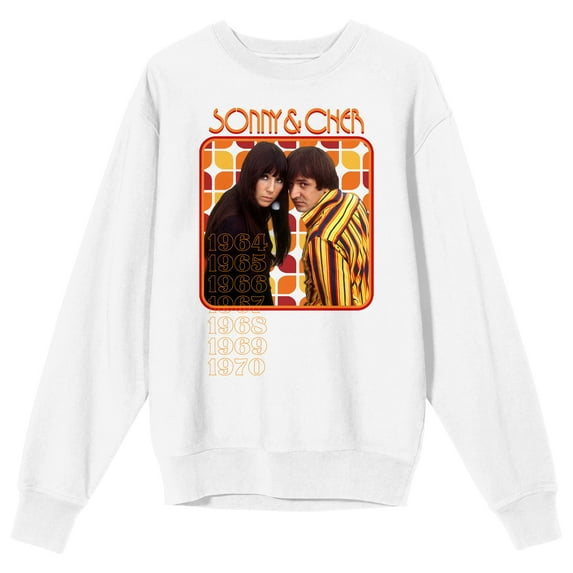 Sonny & Cher 1964-1970 Tile Frame Crew Neck Long Sleeve White Adult Sweatshirt-XXL