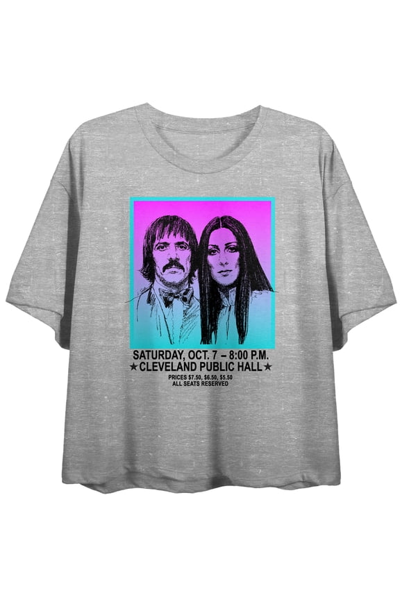 Sonny & Cher Gradient Neon Art Crew Neck Short Sleeve Gray Heather Women's Crop Top-Medium