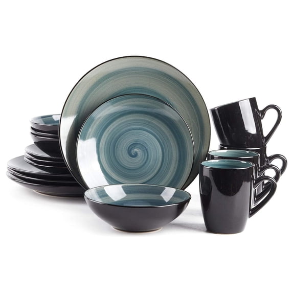 Sonoma 16 Piece Stoneware Dinner Set, Outside Black + inside Handpainted Color Blue