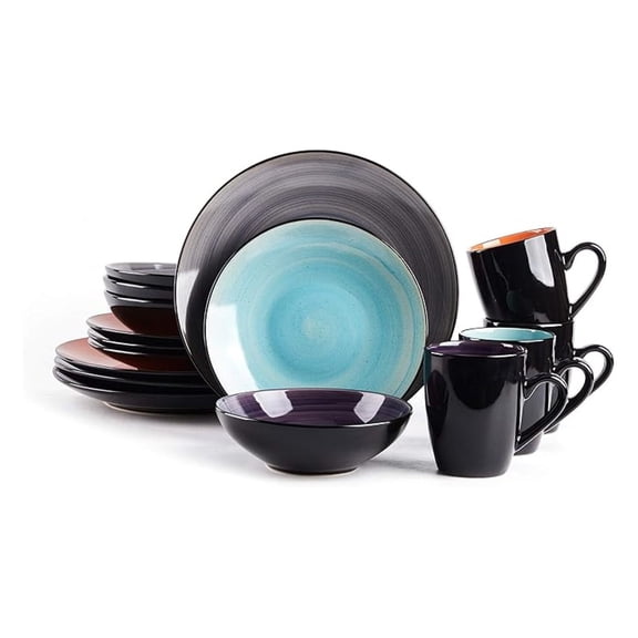 Sonoma 16 Piece Stoneware Dinner Set, Samoa, Outside Black + Inside Hand painted Combi Colors of Grey, Orange, and Turquoise) with speckle