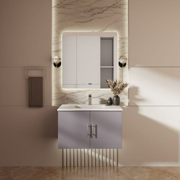 Sonoma 30 in W x 22 in D Dark Grey Single Bath Vanity, White Quartz Top and 30 in LED Mirror