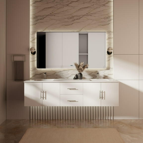 Sonoma 72 in W x 22 in D Glossy White Double Bath Vanity, Cultured Marble Top and 30 in LED Mirrors