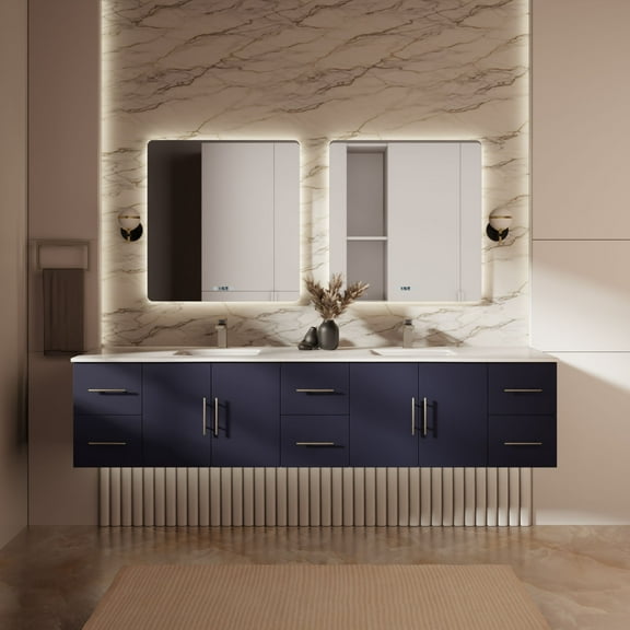 Sonoma 84 in W x 22 in D Navy Blue Double Bath Vanity, Cultured Marble Top and 36 in LED Mirrors
