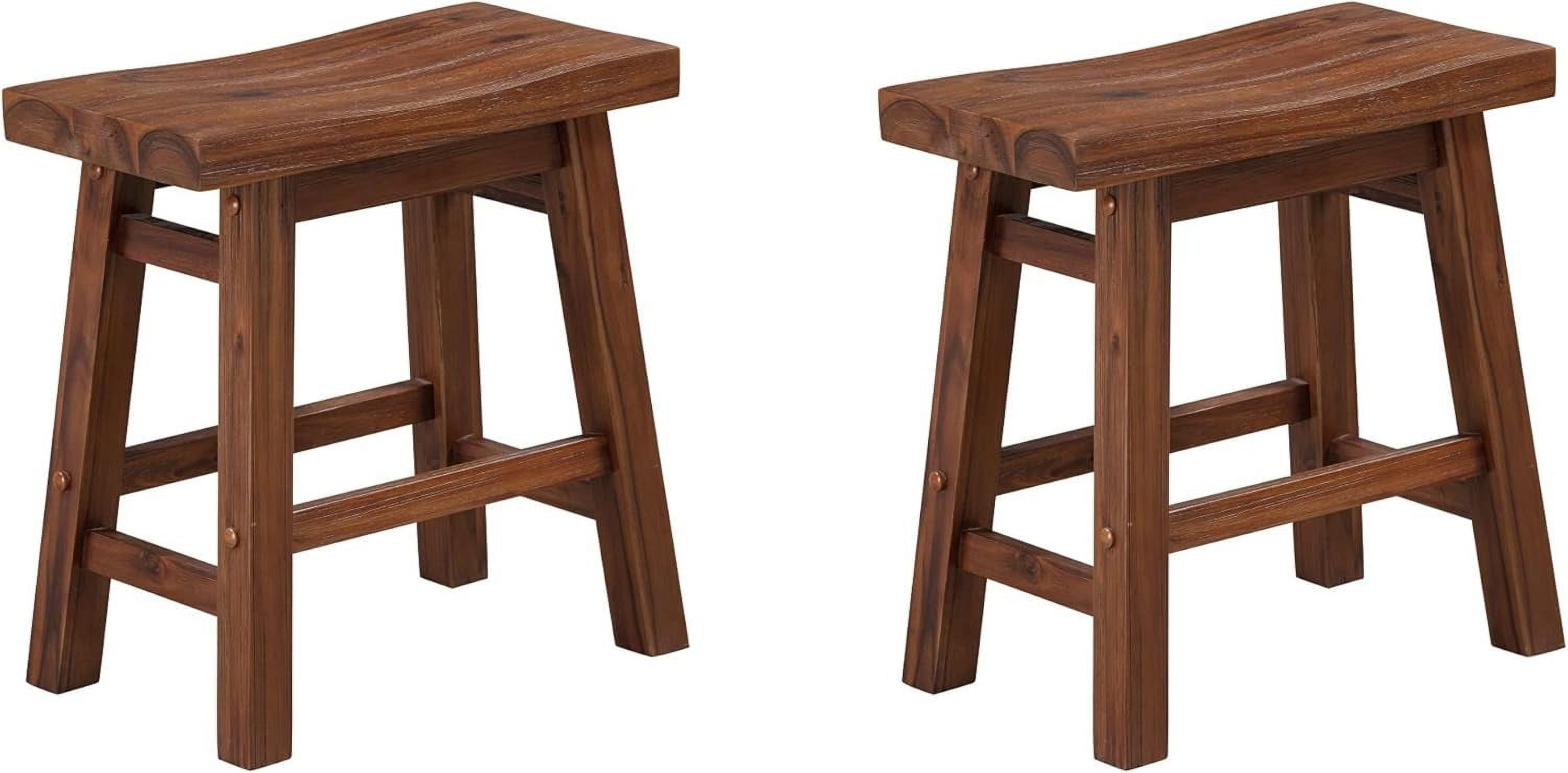 Chestnut Brown Solid Wood Backless Saddle Bar Stools, Set of 2