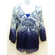 Sonoma Blue Ombre Paisley Chiffon Blouse, Boho Three-quarter Sleeves, Womens Large