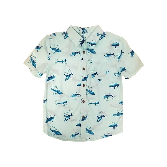 Sonoma Boys Woven Teal Shark Short Sleeve Button Front Shirt Size 8