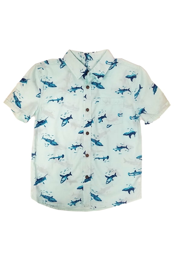 Boys Woven Teal Shark Short Sleeve Button Front Shirt Size 8