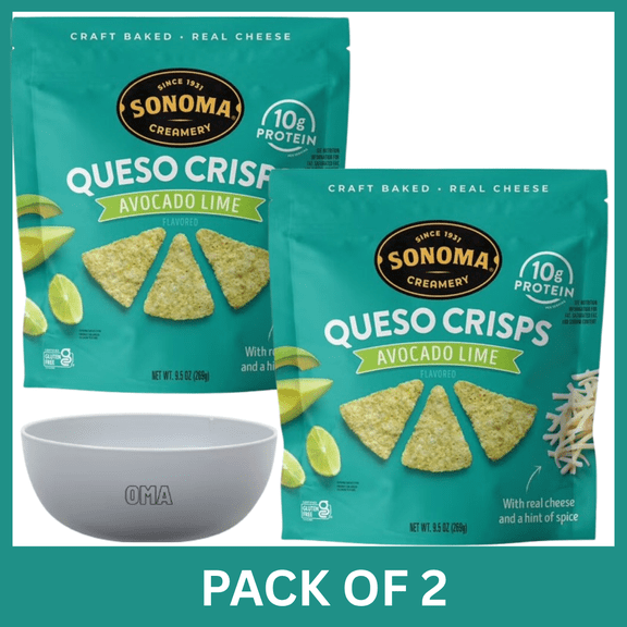 Sonoma Creamery Avocado Lime Flavored Queso Crisps, 9.5 oz (Pack of 2) with Bowl