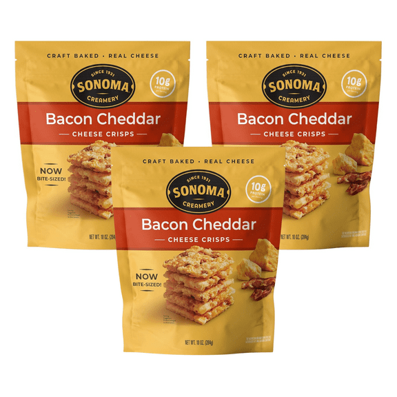 Sonoma Creamery Cheese Crisps, Bacon Cheddar, | Savory Snack Cracker | High Protein | Low Carb | Gluten Free | Wheat Free, 10 oz (Pack of 3)