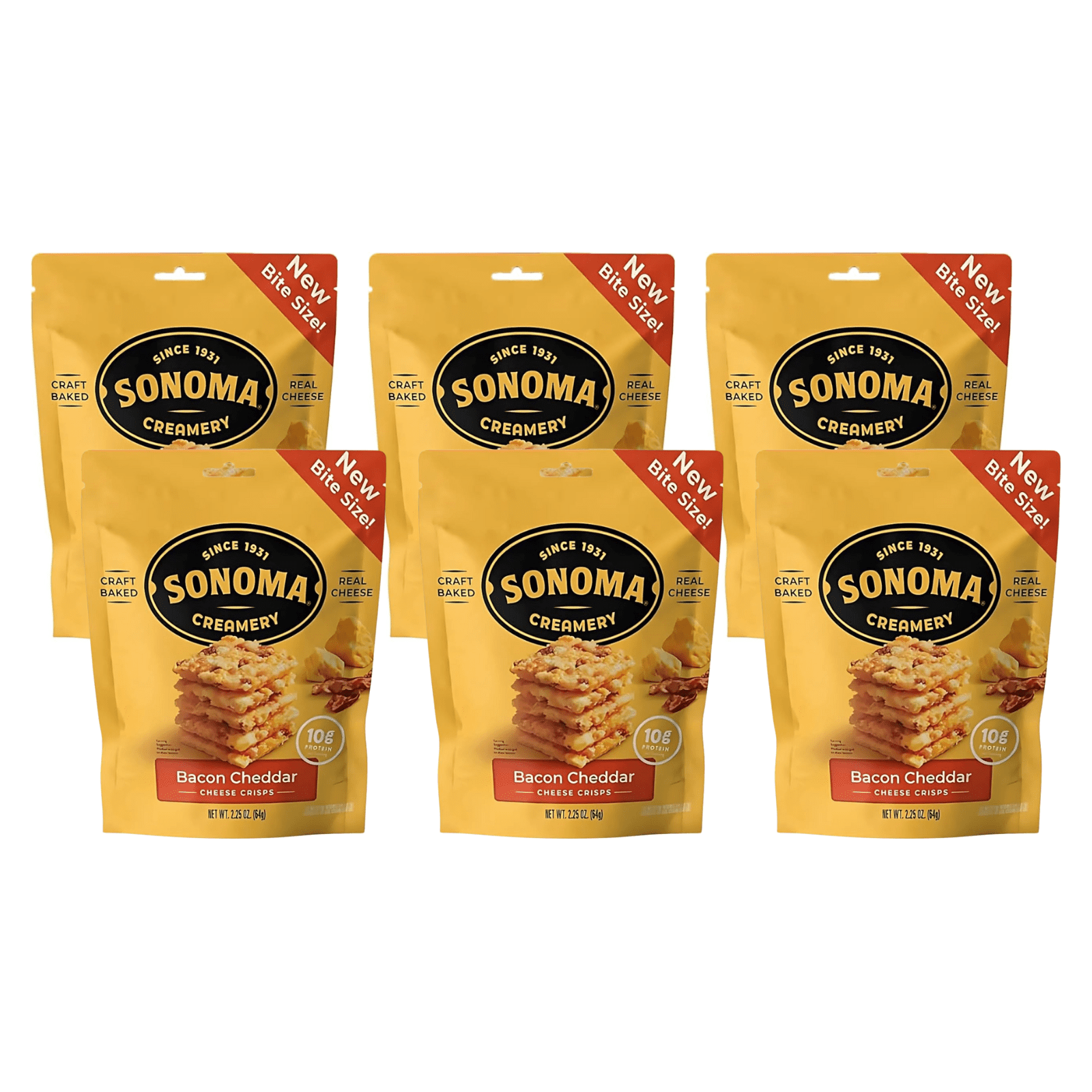 Sonoma Creamery Cheese Crisps, Bacon Cheddar, | Savory Snack Cracker | High Protein | Low Carb | Gluten Free | Wheat Free, 2.25 oz (Pack of 6)