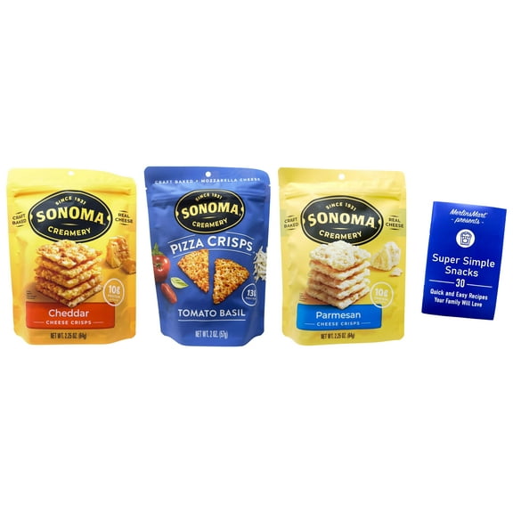 Sonoma Creamery Crisps; 3 Flavors - 1 Each: Tomato Basil Pizza, Cheddar, Parmesan + MerlinsMart Zine
