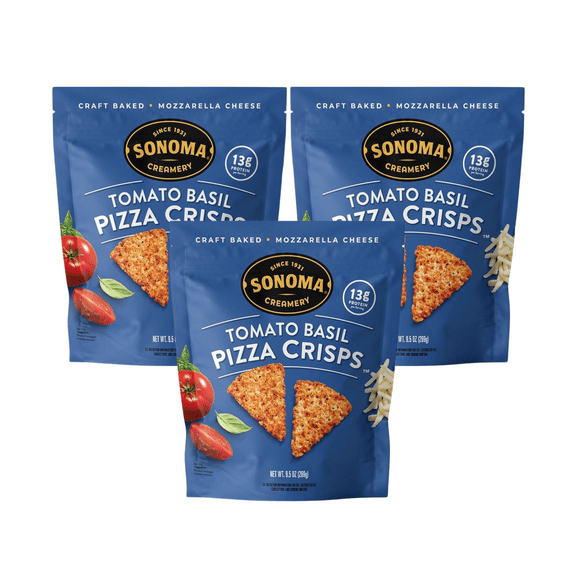 Sonoma Creamery Pizza Crisps, Tomato Basil, | Savory Snack Cracker | High Protein | Low Carb | Gluten Free | Wheat Free |Keto Friendly, 9.5 oz (Pack of 3)