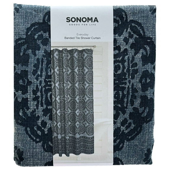 Sonoma Indigo Blue Banded Tile Medallion Fabric Shower Curtain, Bath Decor