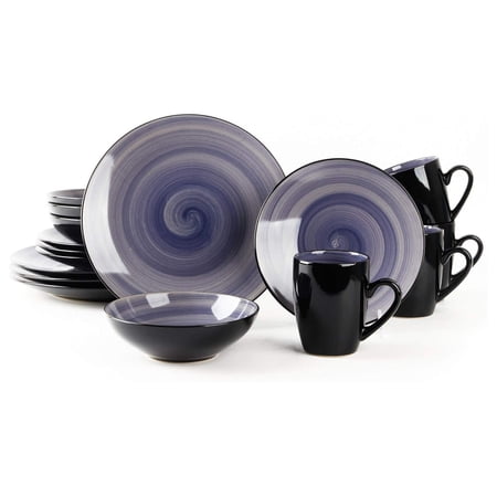 Sonoma Stoneware 16pc Dinnerware Set, Outside Black + Inside Hand Painting Color Cobalt