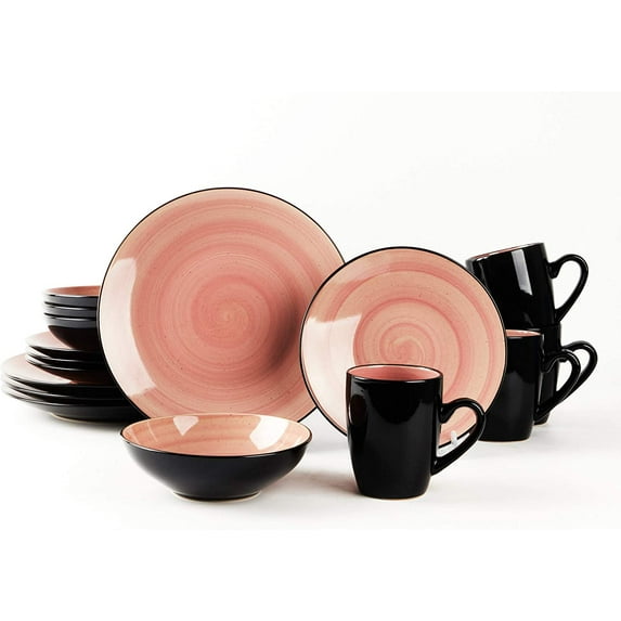 Sonoma Stoneware 16pc Dinnerware Set, Outside Black + Inside Hand Painting Rose
