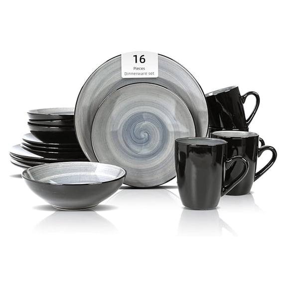 Sonoma Stoneware Dinnerware Set, Outside Black + Inside Hand Painting Color (16pc Set, Grey)