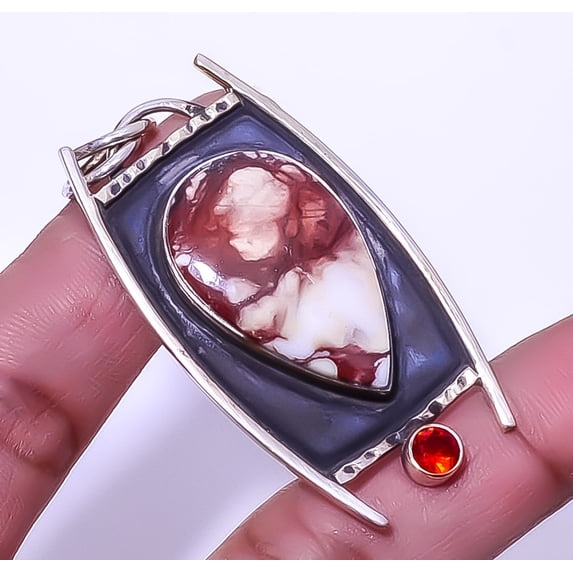 Sonoran Dendritic Jasper - Mexico & Garnet 925 Silver Plated Pendant 2.34" A38, Valentine's Day Gift, Birthday Gift, Beautiful Jewelry For Woman