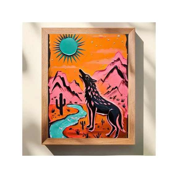 Sonoran Desert Wall Art, Mexican Gray Wolf Poster, Impasto, Desert Landscape Art, Dopamine Decor, Howling Wolf Artwork, Unframed Poster Size 24x36