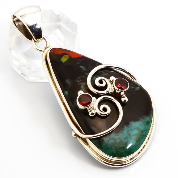 Sonoran Sunrise Jasper & Garnet Solid 925 Sterling Silver Pendant Size 2.75"Natural Pendant, Green Pendant, 925 Silver Pendant, Jasper Pendant, Triang