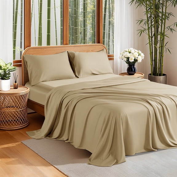 Sonoro Kate 100% Organic Luxurious Bamboo Sheets, King Sheet Set 4-Piece with 16" Deep Pocket, Silky Smooth Luxury Bed Sheets, Beige