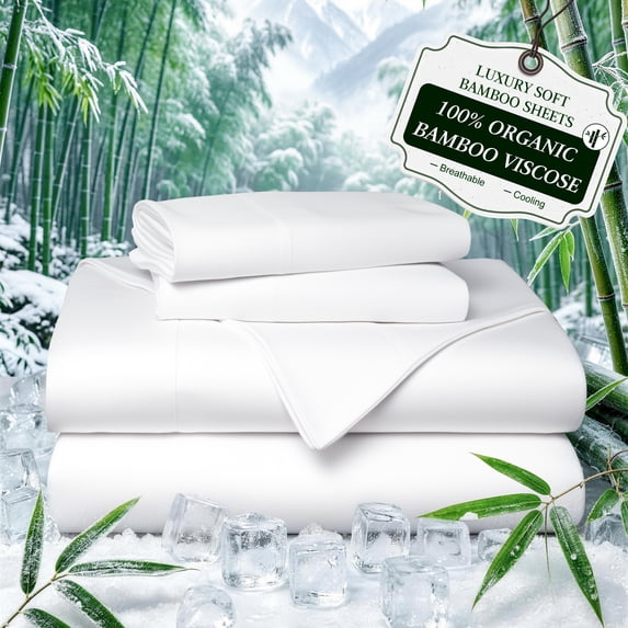 Sonoro Kate 100% Organic Cooling Bamboo Sheets, King Sheet Set 4-Piece with 16" Deep Pocket, Silky Smooth Luxury Bed Sheets, White