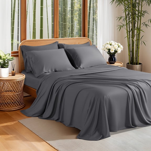 Sonoro Kate 100% Organic Luxurious Bamboo Sheets, King Sheet Set 6-Piece with 16" Deep Pocket, Silky Smooth Luxury Bed Sheets, Dark Gray
