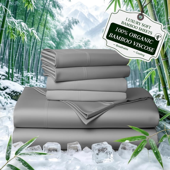 Sonoro Kate 100% Organic Cooling Bamboo Sheets, King Sheet Set 6-Piece with 16" Deep Pocket, Silky Smooth Luxury Bed Sheets, Gray