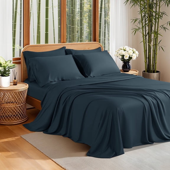 Sonoro Kate 100% Organic Luxurious Bamboo Sheets, King Sheet Set 6-Piece with 16" Deep Pocket, Silky Smooth Luxury Bed Sheets, Navy Blue