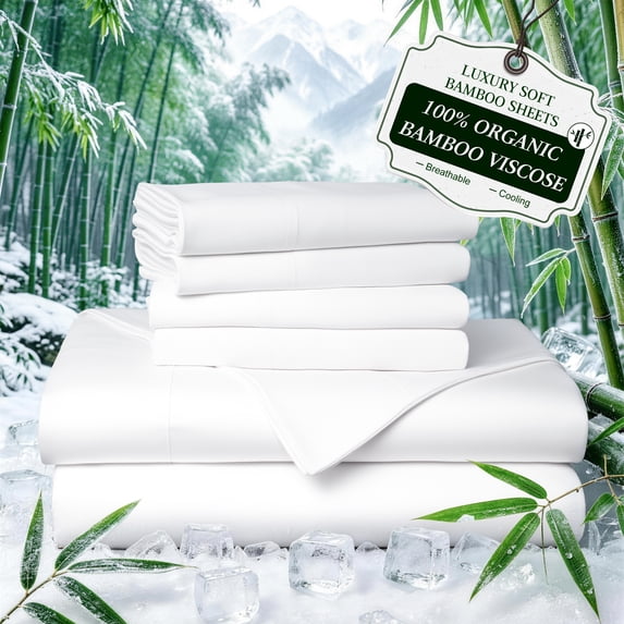 Sonoro Kate 100% Organic Cooling Bamboo Sheets, King Sheet Set 6-Piece with 16" Deep Pocket, Silky Smooth Luxury Bed Sheets, White