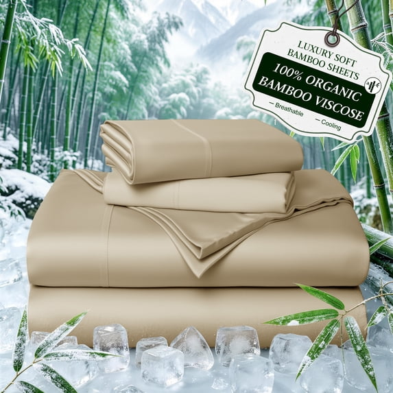 Sonoro Kate 100% Organic Cooling Bamboo Sheets, Queen Sheet Set 4-Piece with 16" Deep Pocket, Silky Smooth Luxury Bed Sheets, Beige
