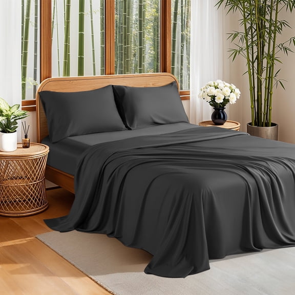 Sonoro Kate 100% Organic Luxurious Bamboo Sheets, Queen Sheet Set 4-Piece with 16" Deep Pocket, Silky Smooth Luxury Bed Sheets, Black
